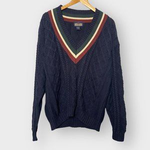 Vintage Dockside Navy Blue Cable Knit Academia Cricket Sweater